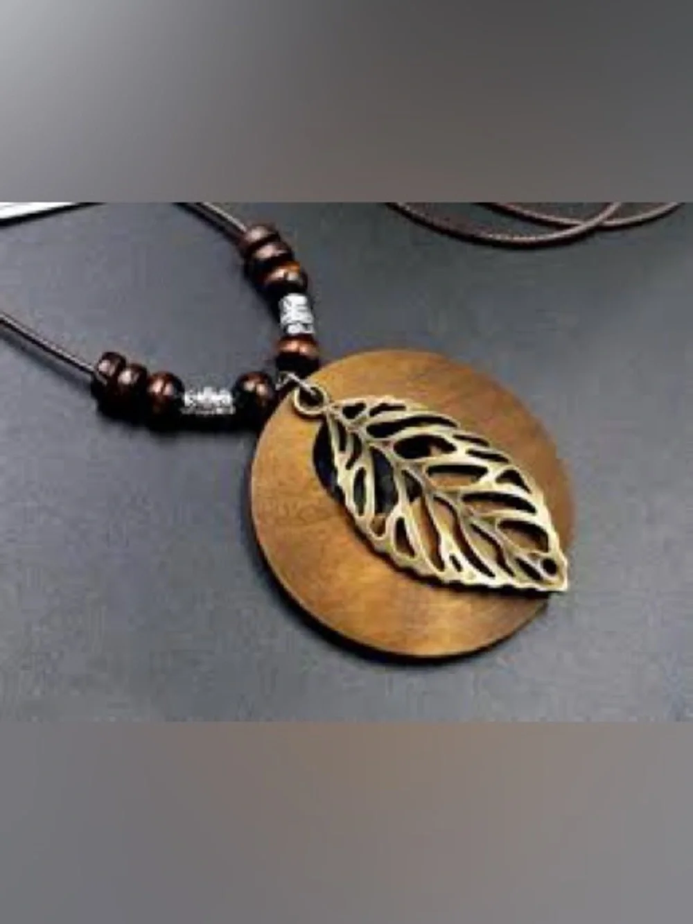 Boho Wood Leaf Pendant Necklace Long Brown Cord Beaded Gold Leaf Statement 35”